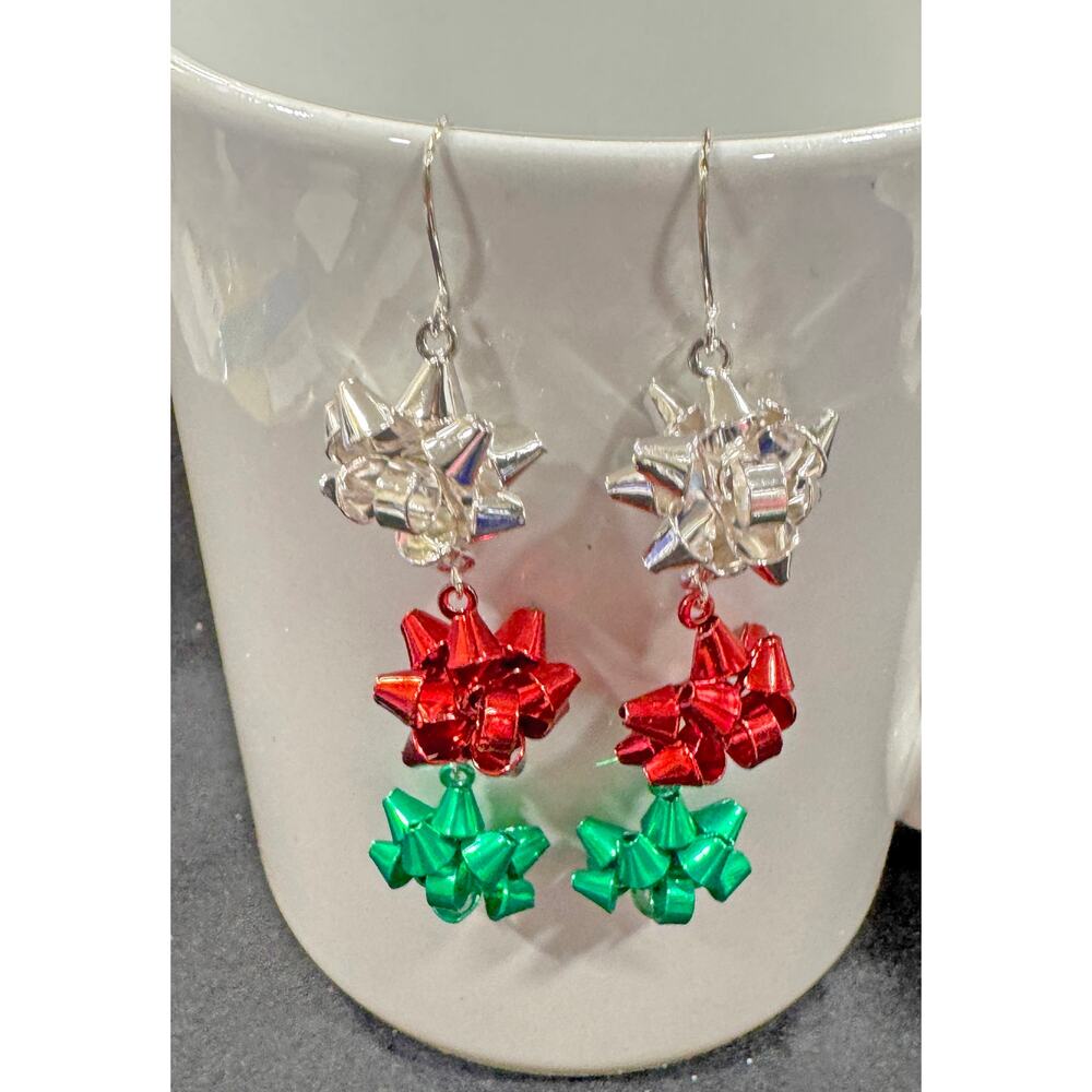 Christmas Red, Green and Silver Bow Dangle Earrings 3 Inches Long (New)  E165